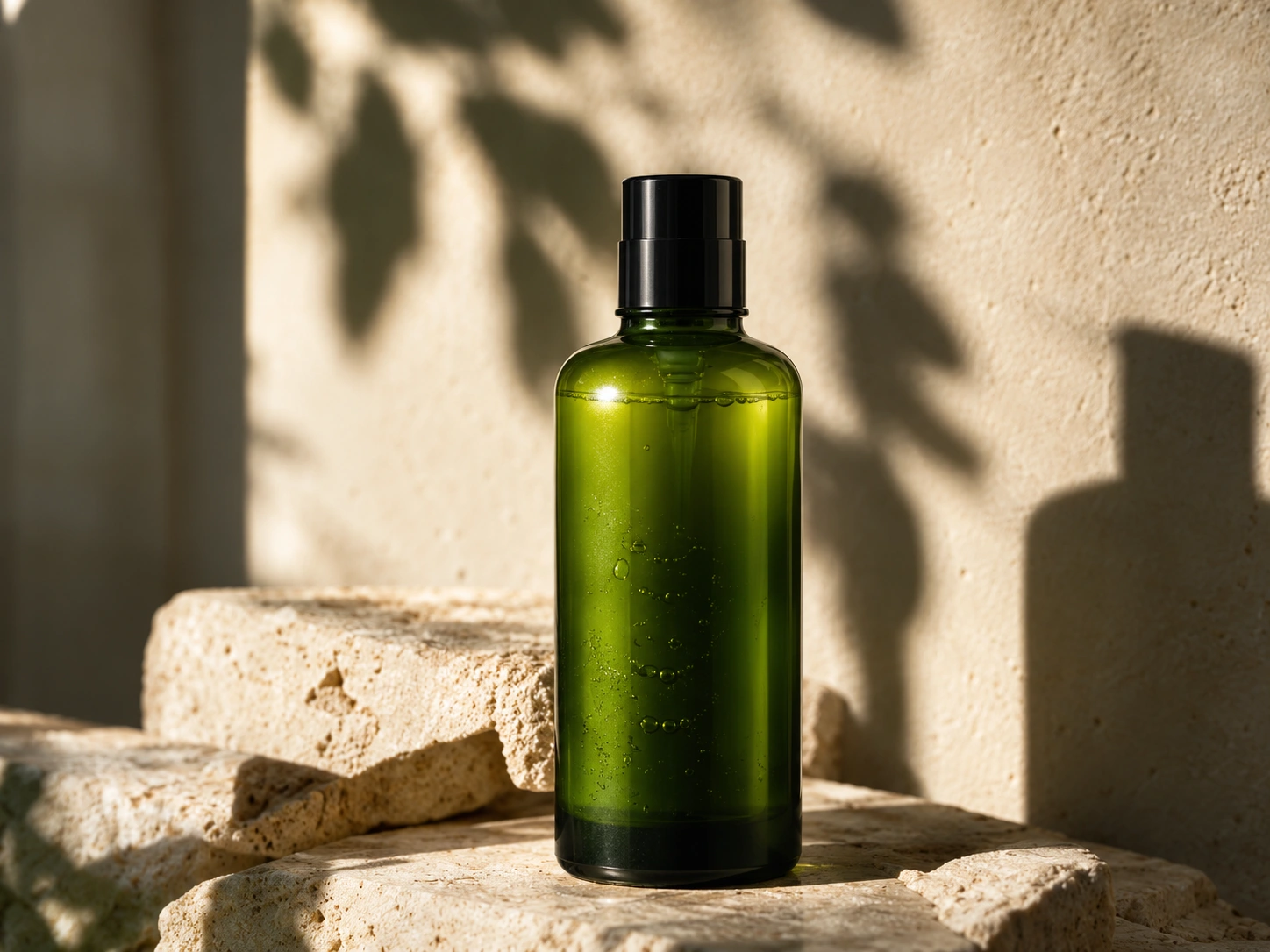 Green skincare bottle in a natural product photography setting