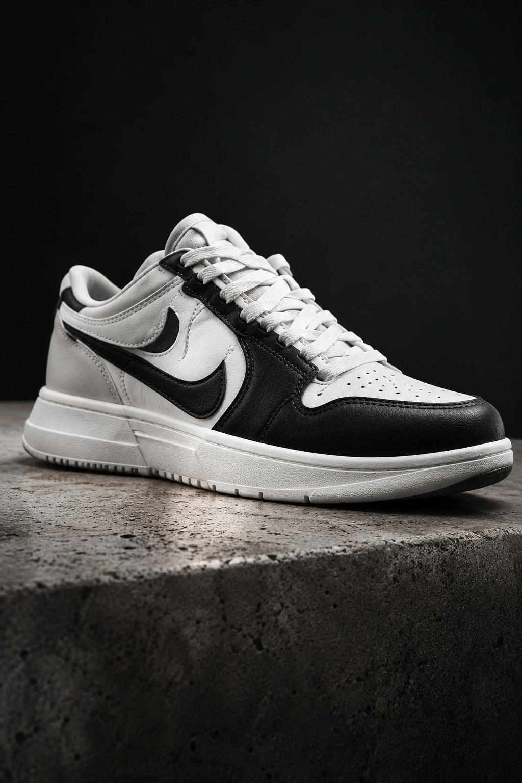 Black and white sneaker on a textured studio surface